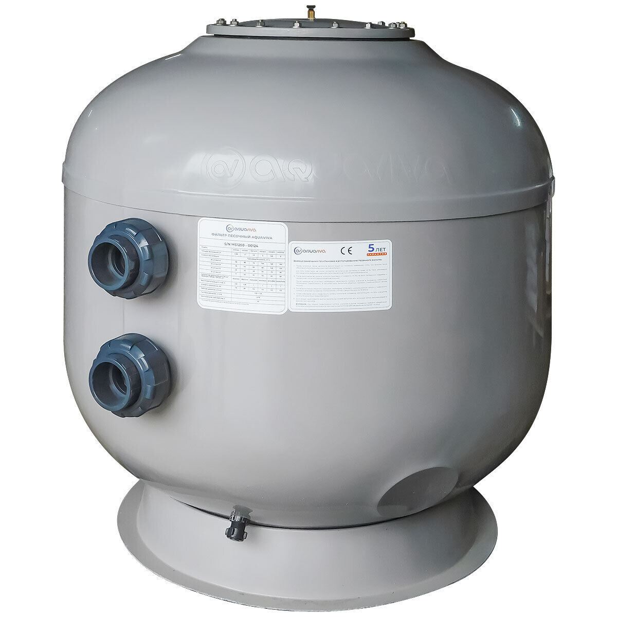 Фильтр AquaViva MS1250 (62 м³/ч, 1250 мм, 1580 кг, 90 мм, 2,5 Бар, 0.8м засыпка)